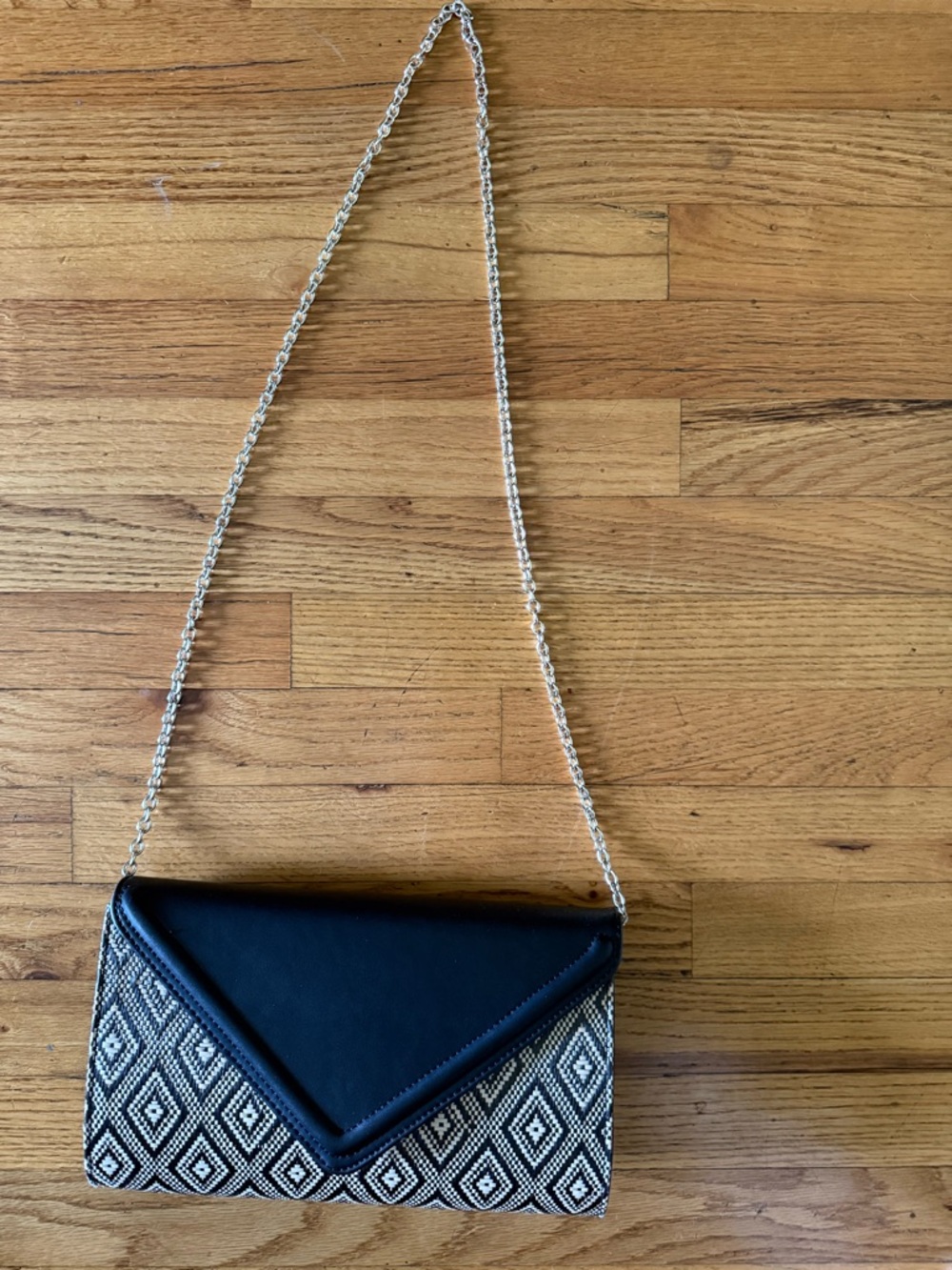 Black Patterned Envelope Crossbody Bag with Chain Strap